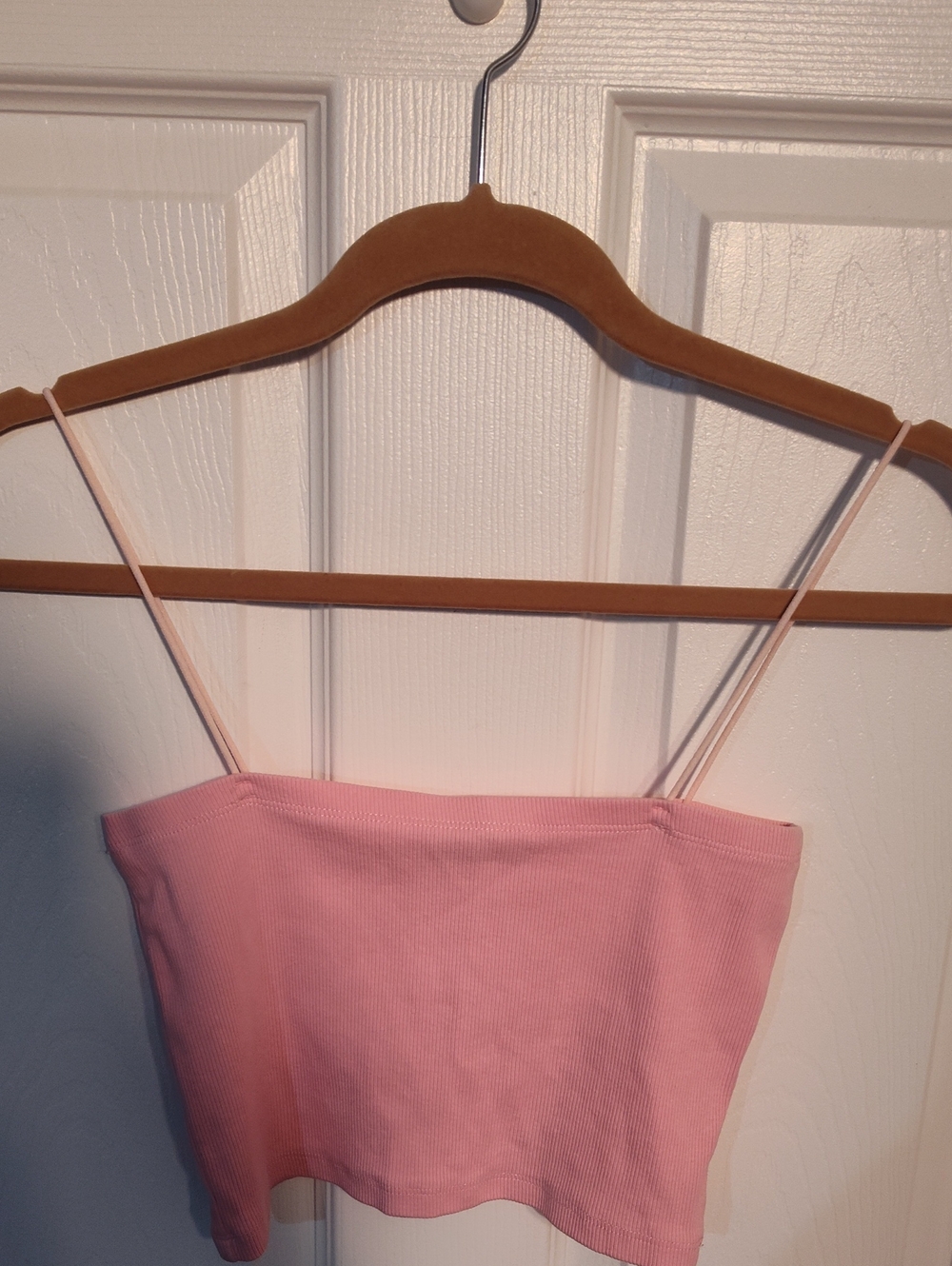 Light Pink Ribbed Spaghetti-Strap Crop Top